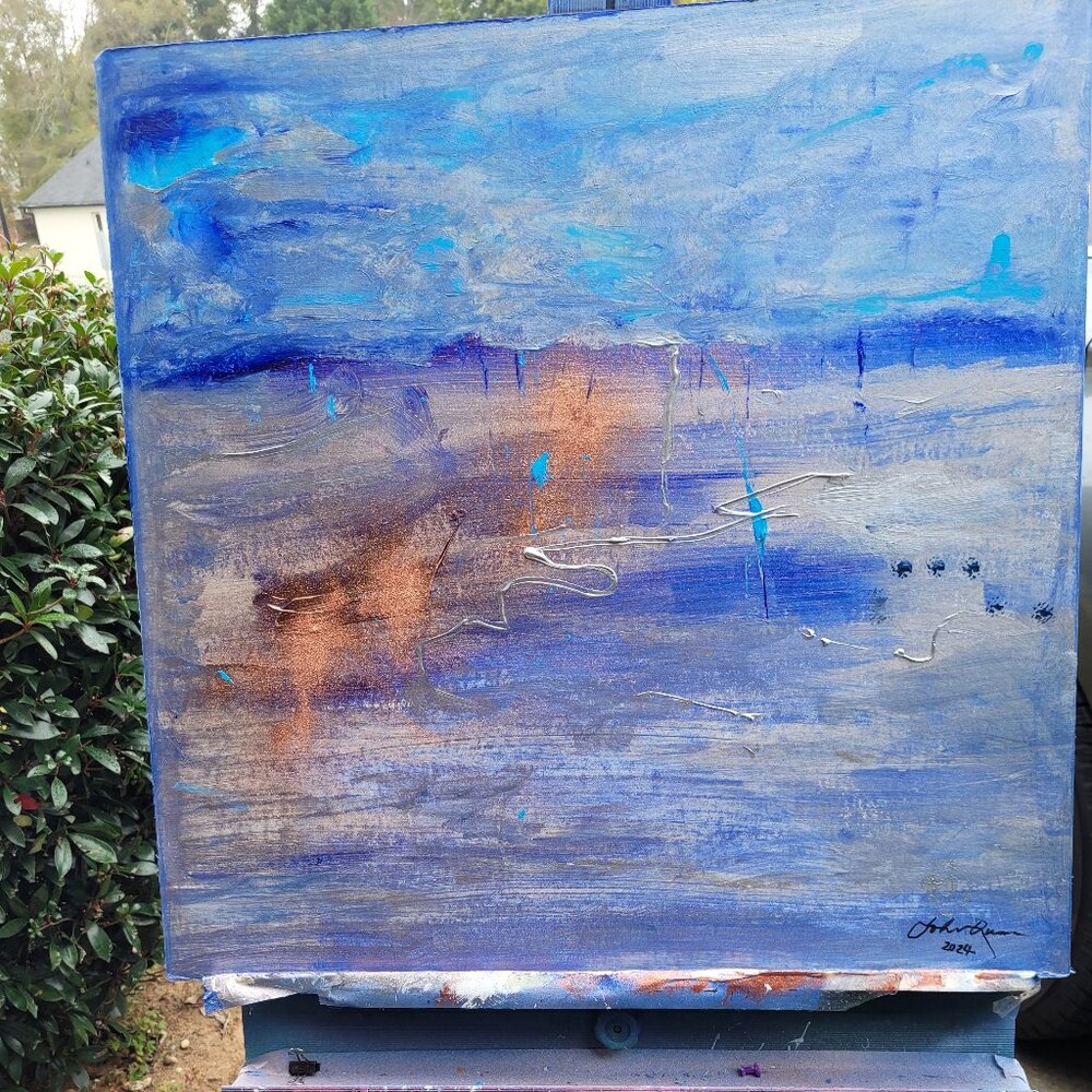 Blue Horizon original abstract painting in acrylics on wall board 28"×28in.x